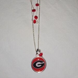 Georgia Bulldogs Game Day G Necklace. Silver W Red Beading - GO DAWGS